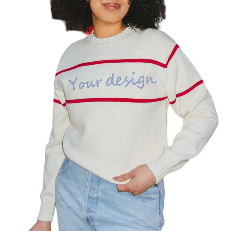Custom 100% Cotton Women Knit Pullover Sweater with Retro Stripe Design