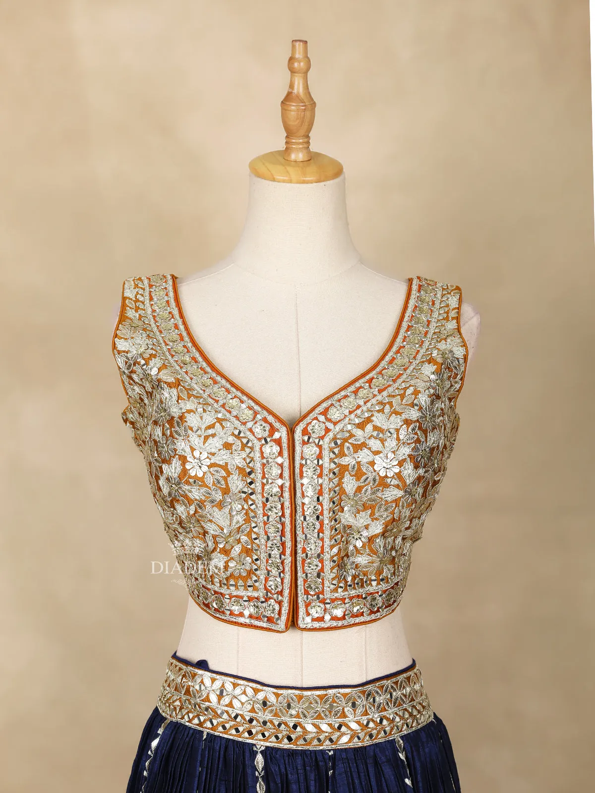 Dark Blue Lehenga Adorned with Embroidery and Stripes Designs, with Dupatta