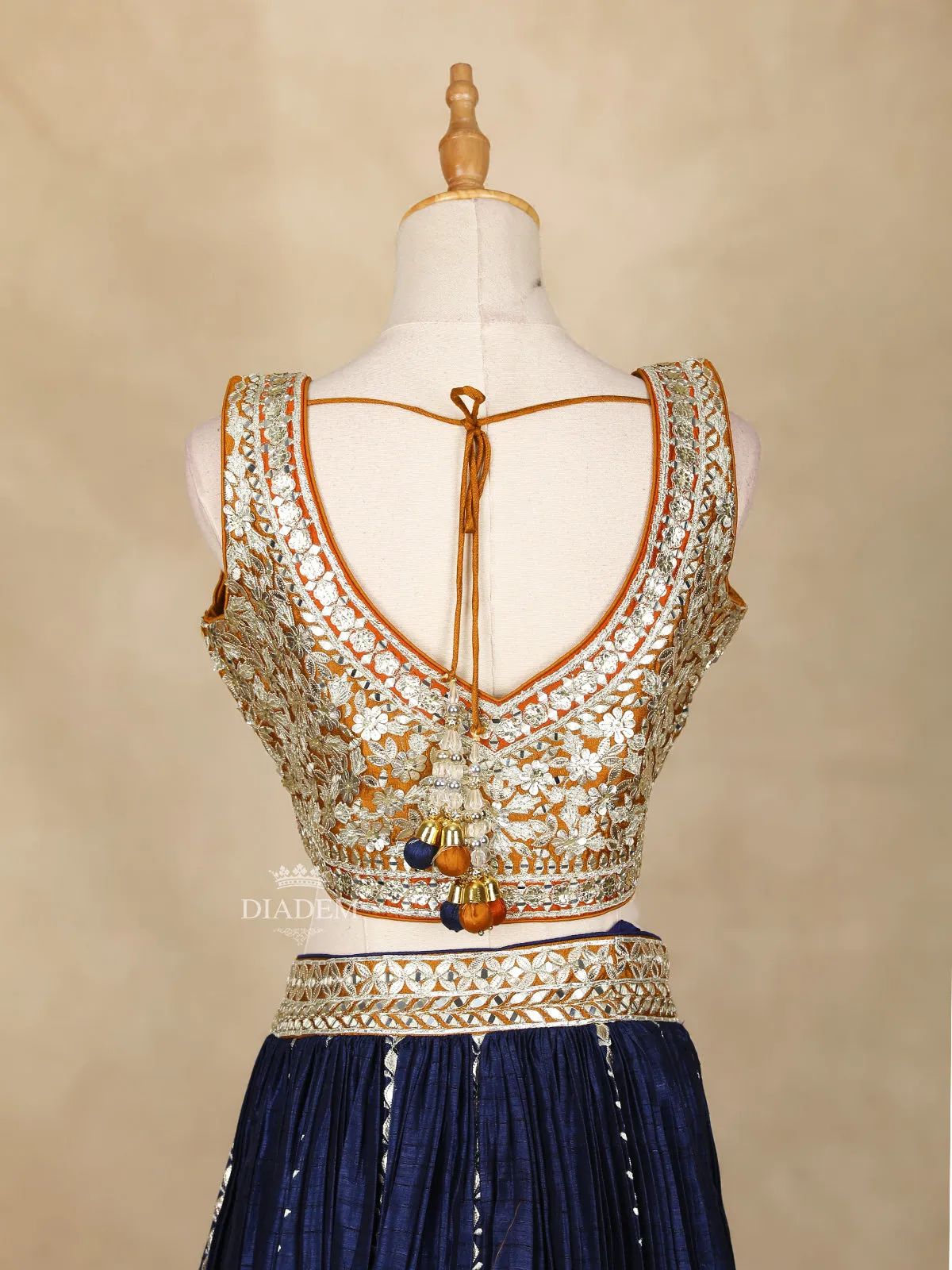 Dark Blue Lehenga Adorned with Embroidery and Stripes Designs, with Dupatta