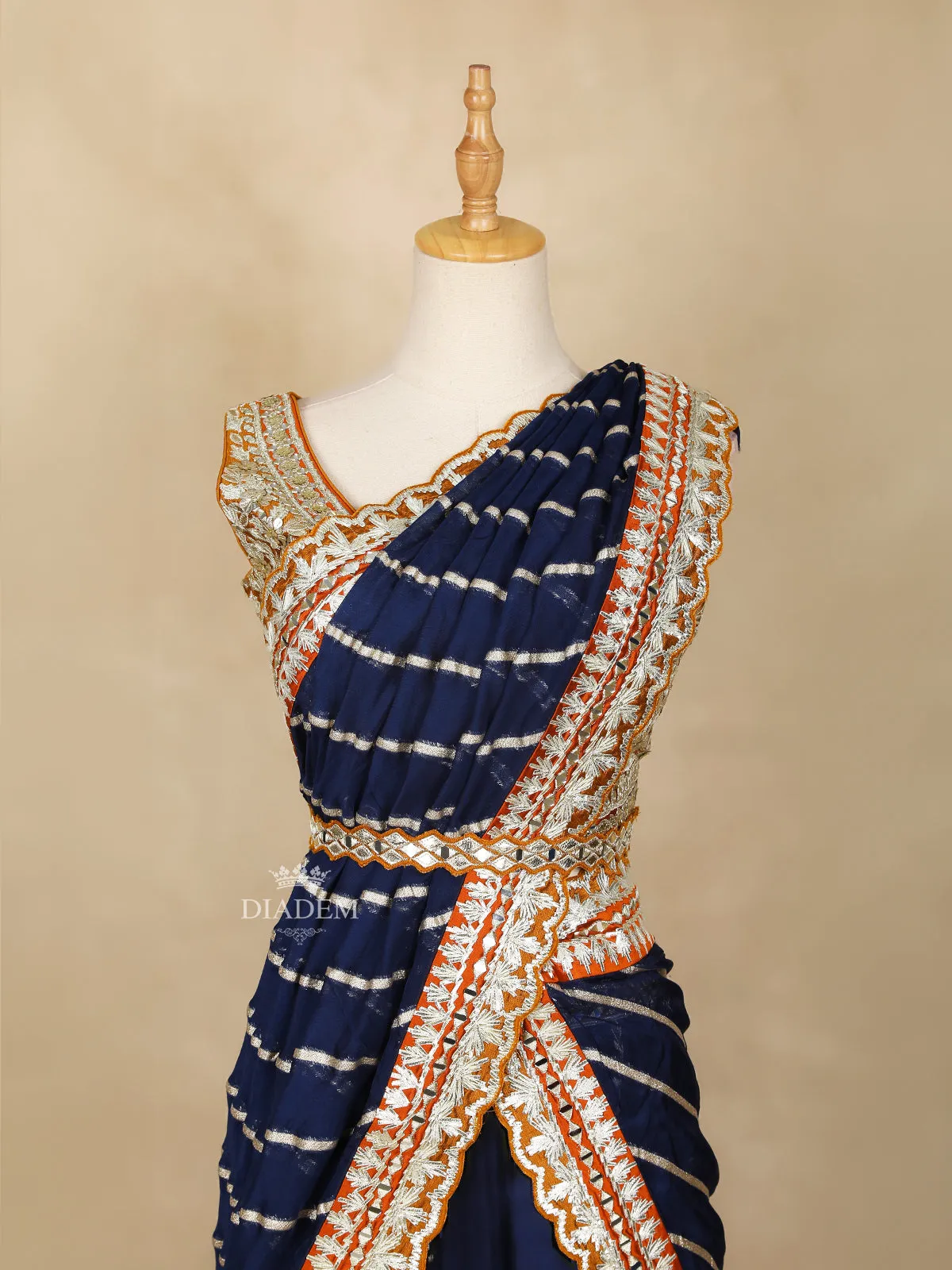 Dark Blue Lehenga Adorned with Embroidery and Stripes Designs, with Dupatta
