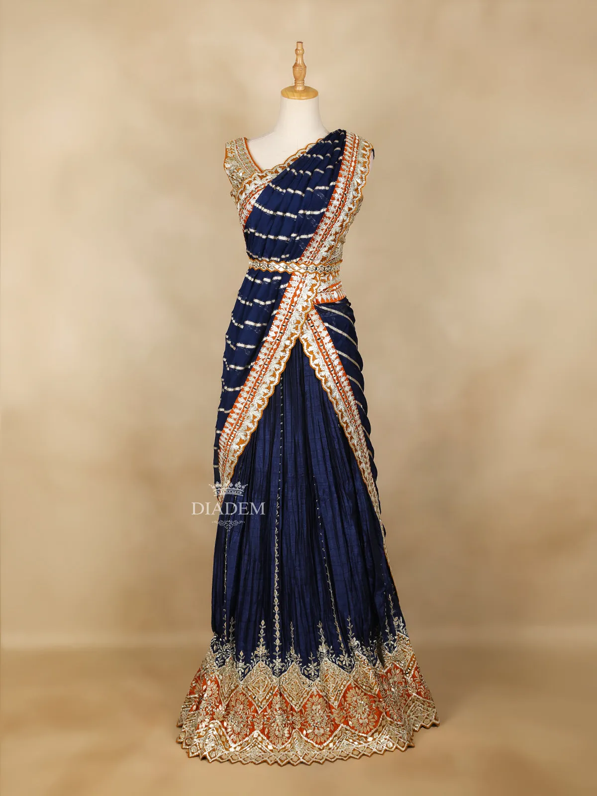 Dark Blue Lehenga Adorned with Embroidery and Stripes Designs, with Dupatta