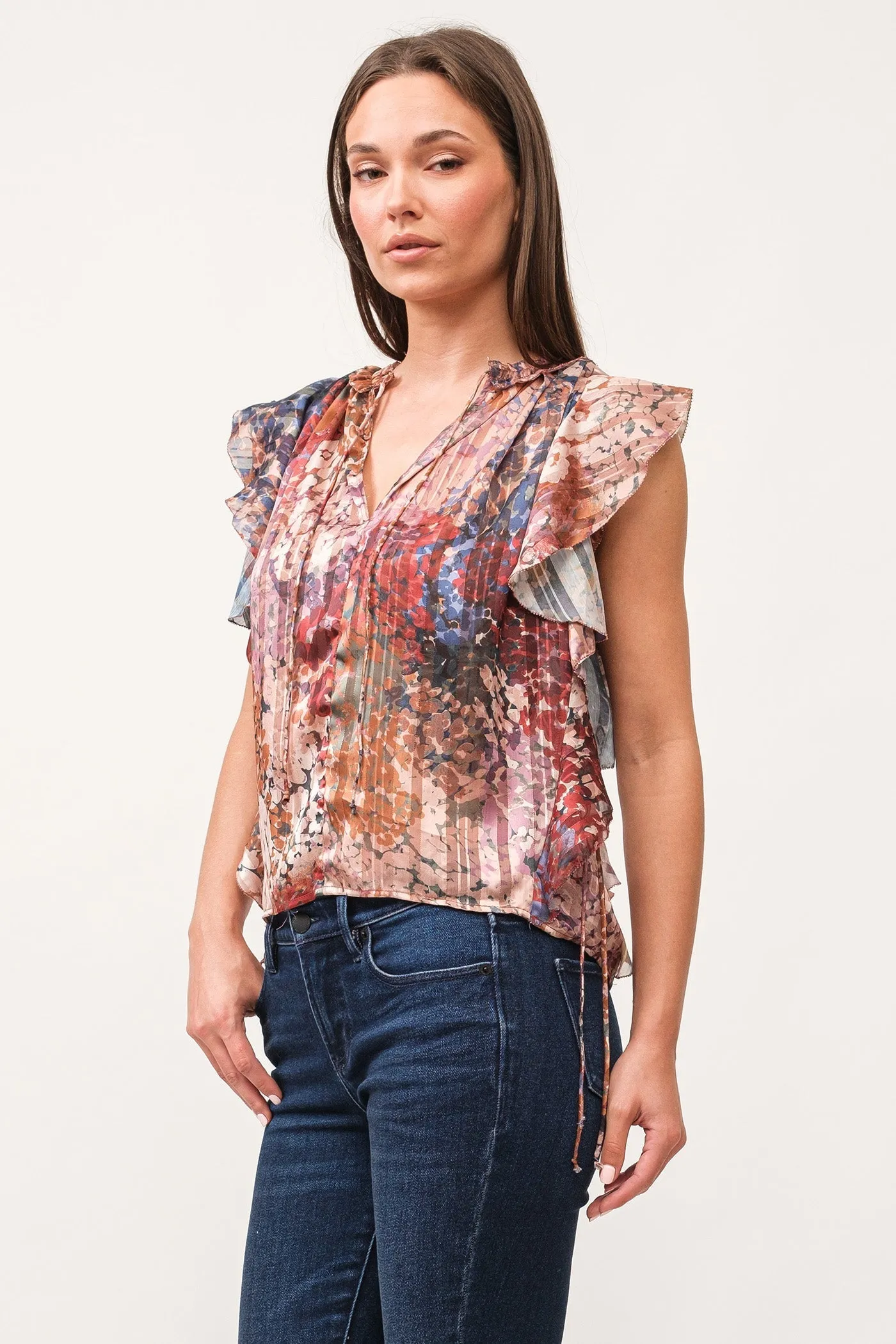 Dear John Khloe V-Neck Ruffle Cap Sleeve Relaxed Fit Top Tinsel Garden