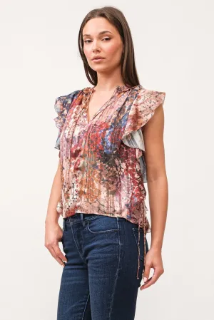 Dear John Khloe V-Neck Ruffle Cap Sleeve Relaxed Fit Top Tinsel Garden