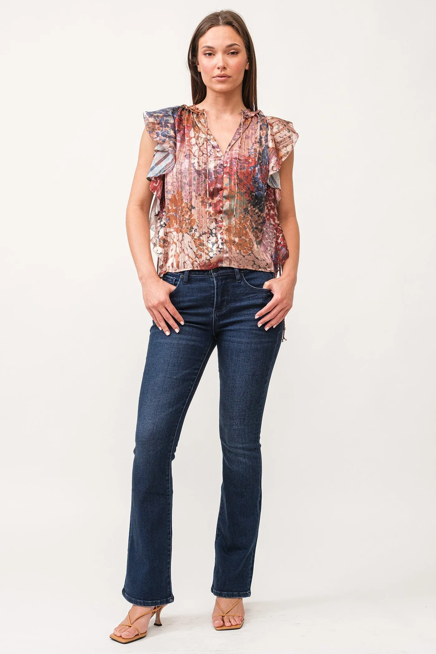 Dear John Khloe V-Neck Ruffle Cap Sleeve Relaxed Fit Top Tinsel Garden