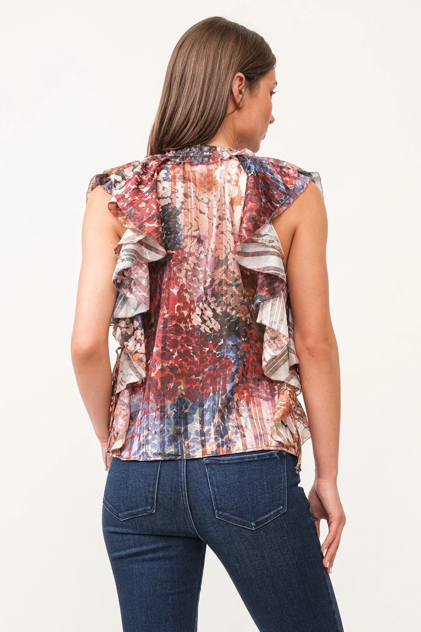 Dear John Khloe V-Neck Ruffle Cap Sleeve Relaxed Fit Top Tinsel Garden