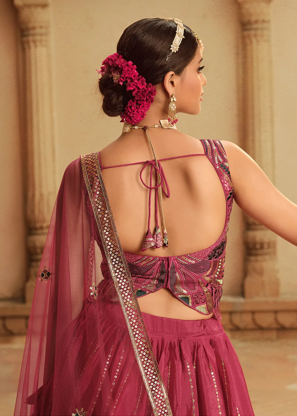 Deep Pink to Purple Multi Color Sequins Festive Lehenga Choli