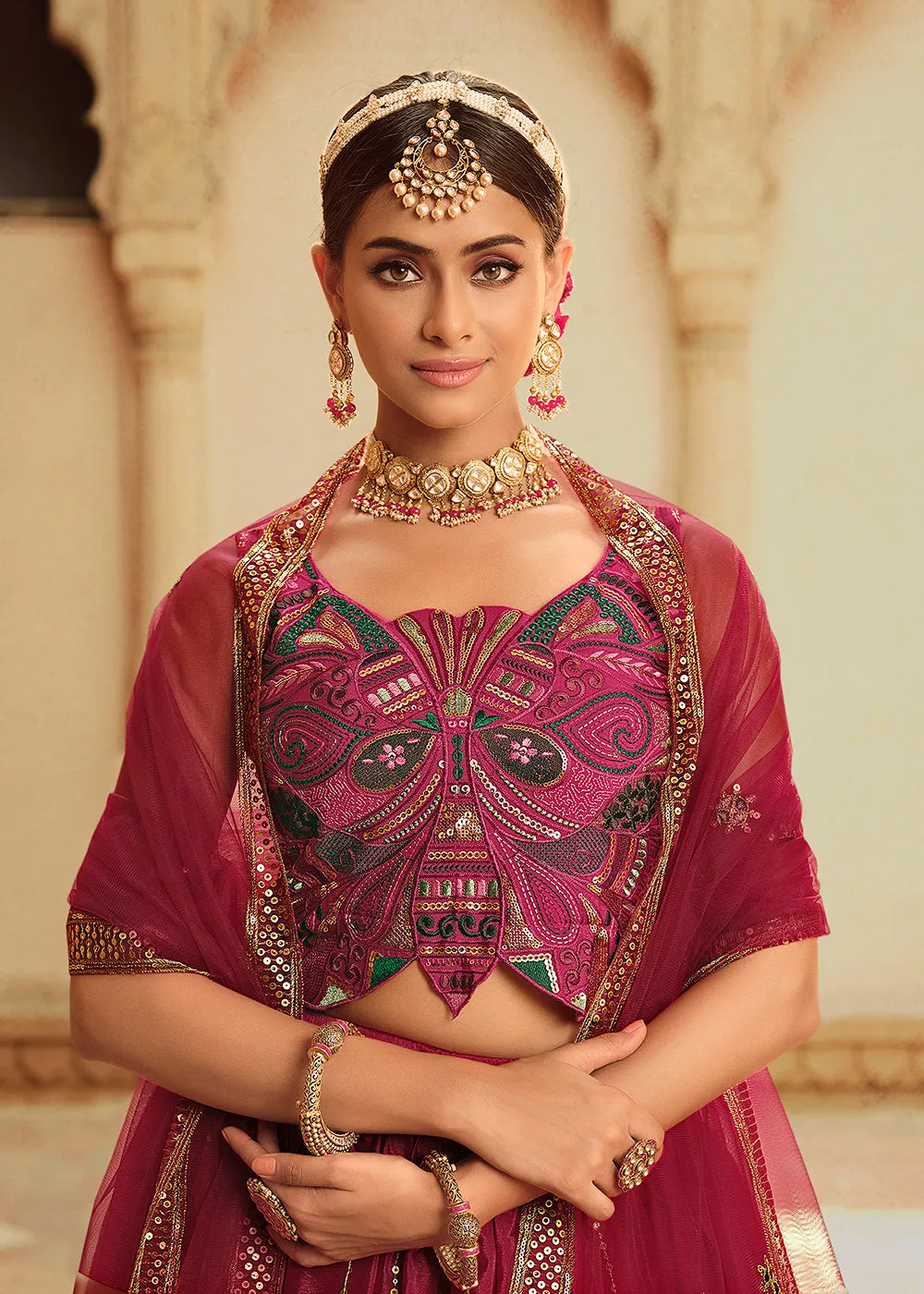 Deep Pink to Purple Multi Color Sequins Festive Lehenga Choli