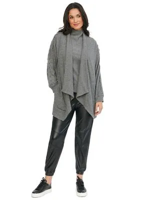 Democracy Womens Lace Inset Cascade Open Front Gray Cardigan