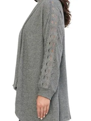 Democracy Womens Lace Inset Cascade Open Front Gray Cardigan