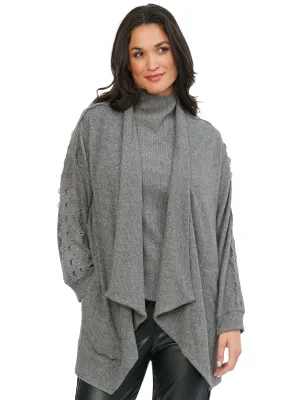 Democracy Womens Lace Inset Cascade Open Front Gray Cardigan