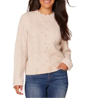 Democracy Womens Long Sleeve Scallop Edge Round Neck Pointelle Sweater
