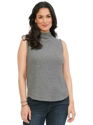 Democracy Womens Sleeveless Mock Neck Gray Rib Knit Top