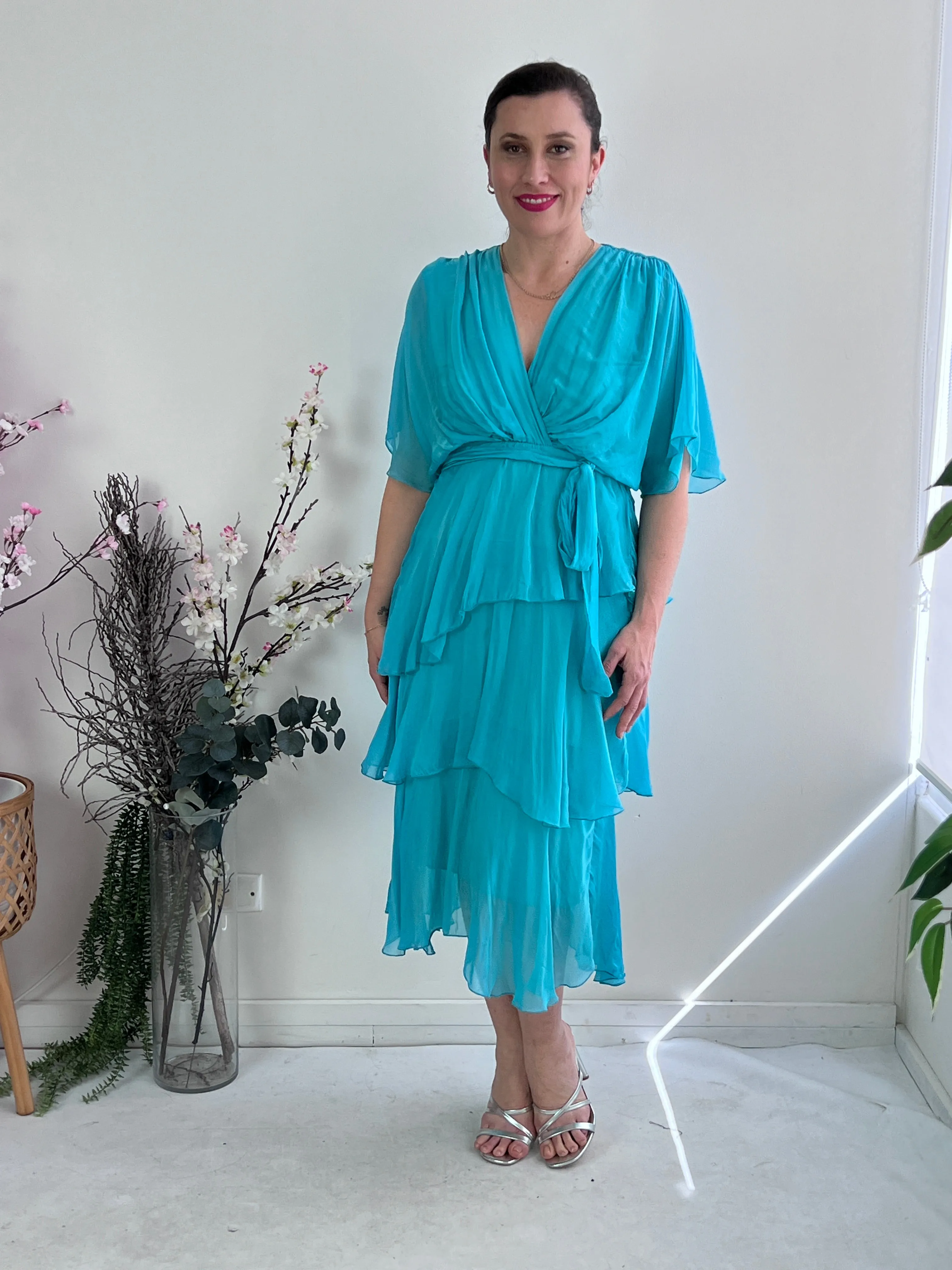 Desaily Aqua Layering Silk Dress