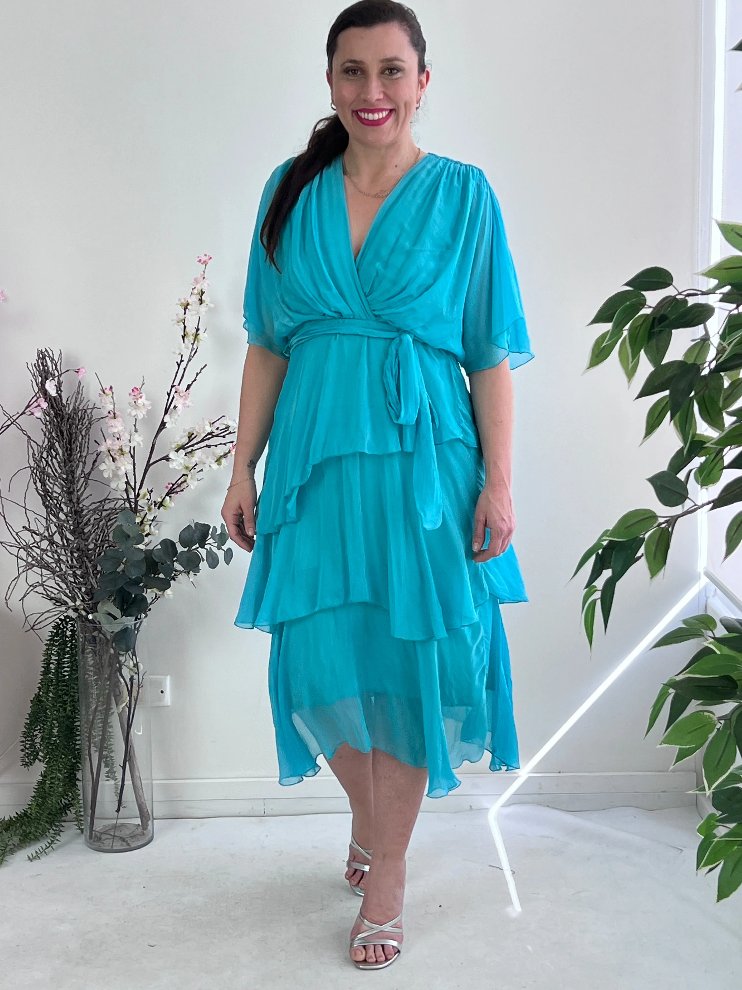 Desaily Aqua Layering Silk Dress