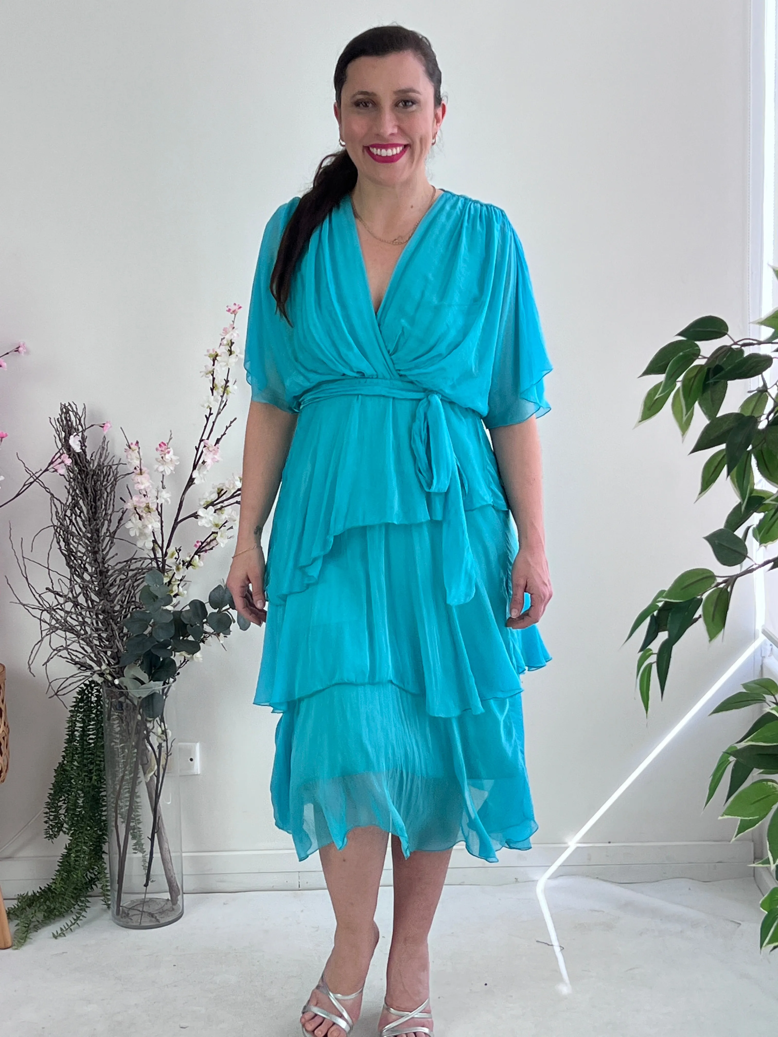 Desaily Aqua Layering Silk Dress