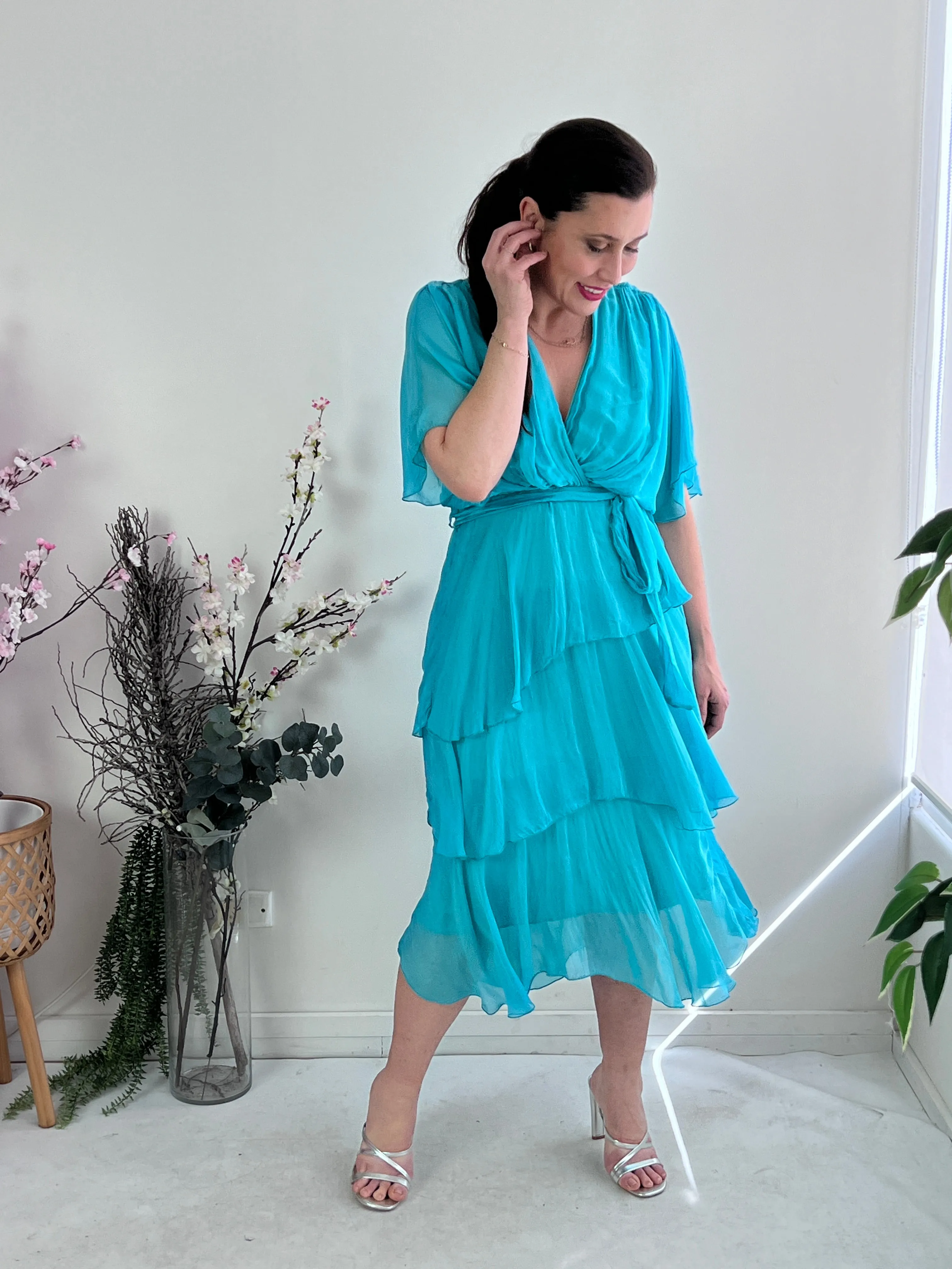 Desaily Aqua Layering Silk Dress
