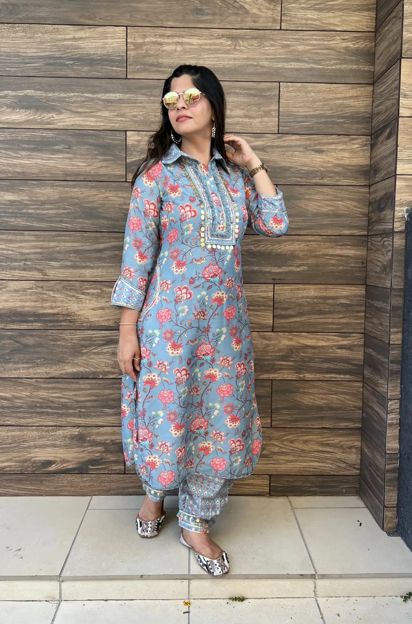 DESI SWAG -Carolina Blue Floral Printed Pathani Set