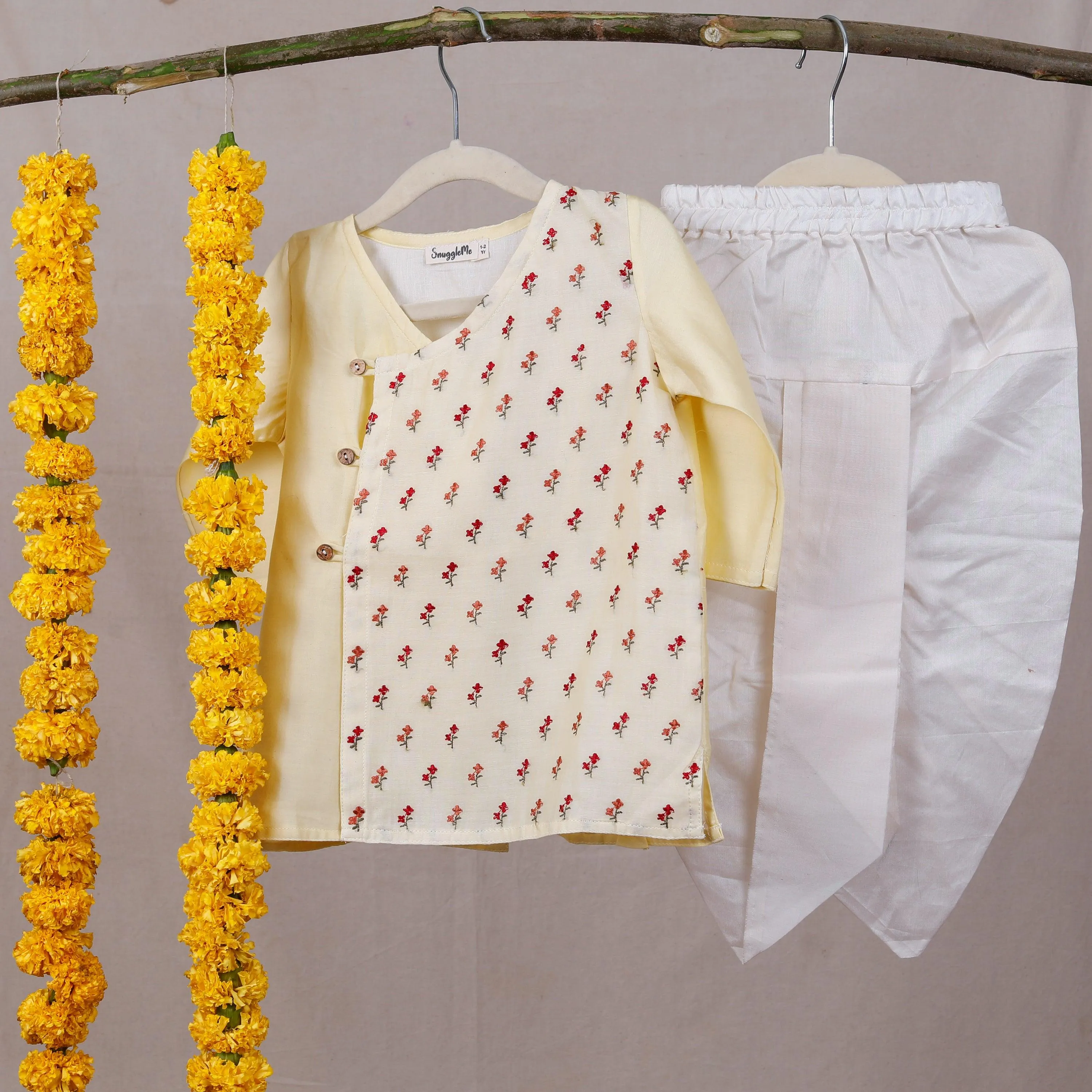 Designer Ethnic Angrakha Kurta Dhoti Set for Boys - Yellow