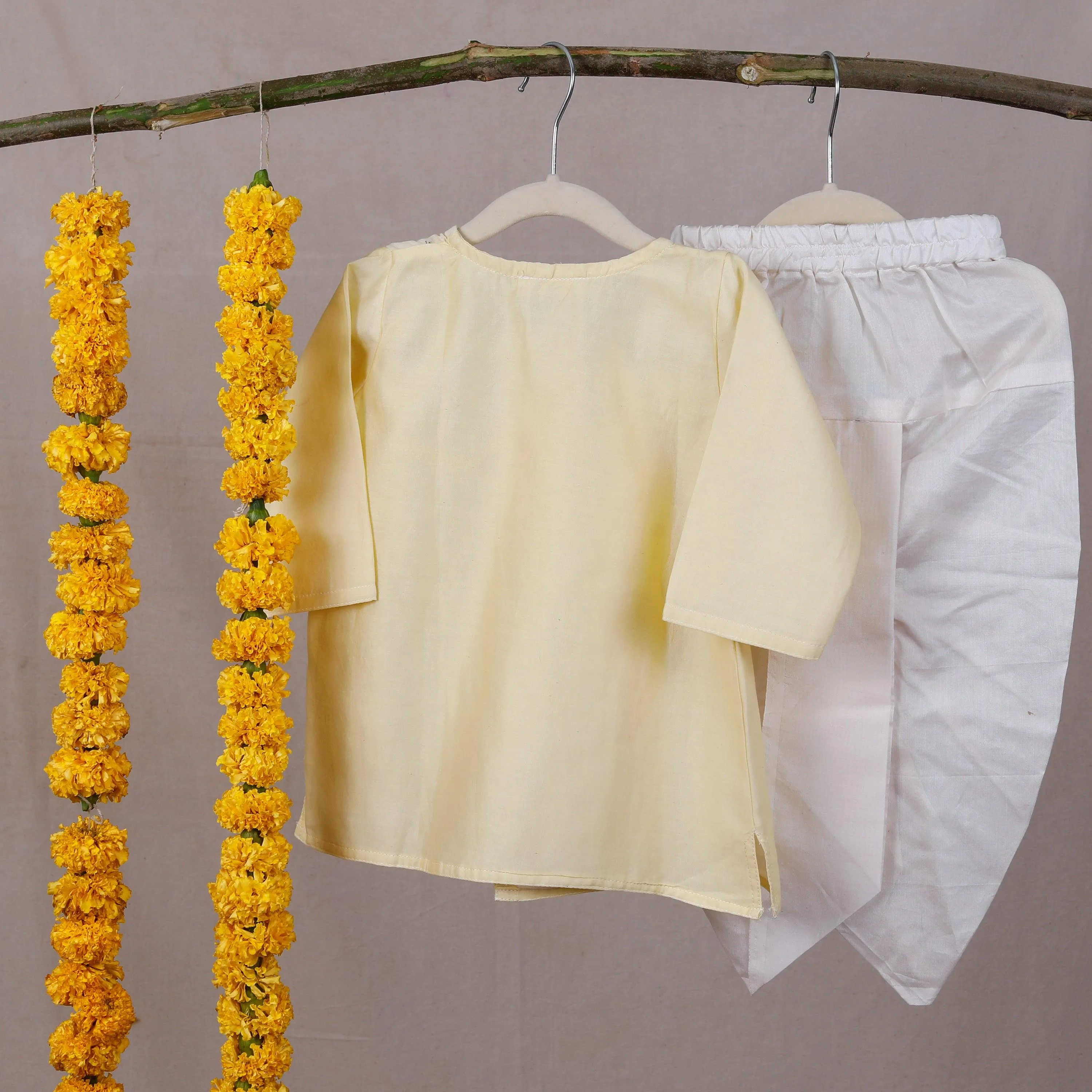 Designer Ethnic Angrakha Kurta Dhoti Set for Boys - Yellow