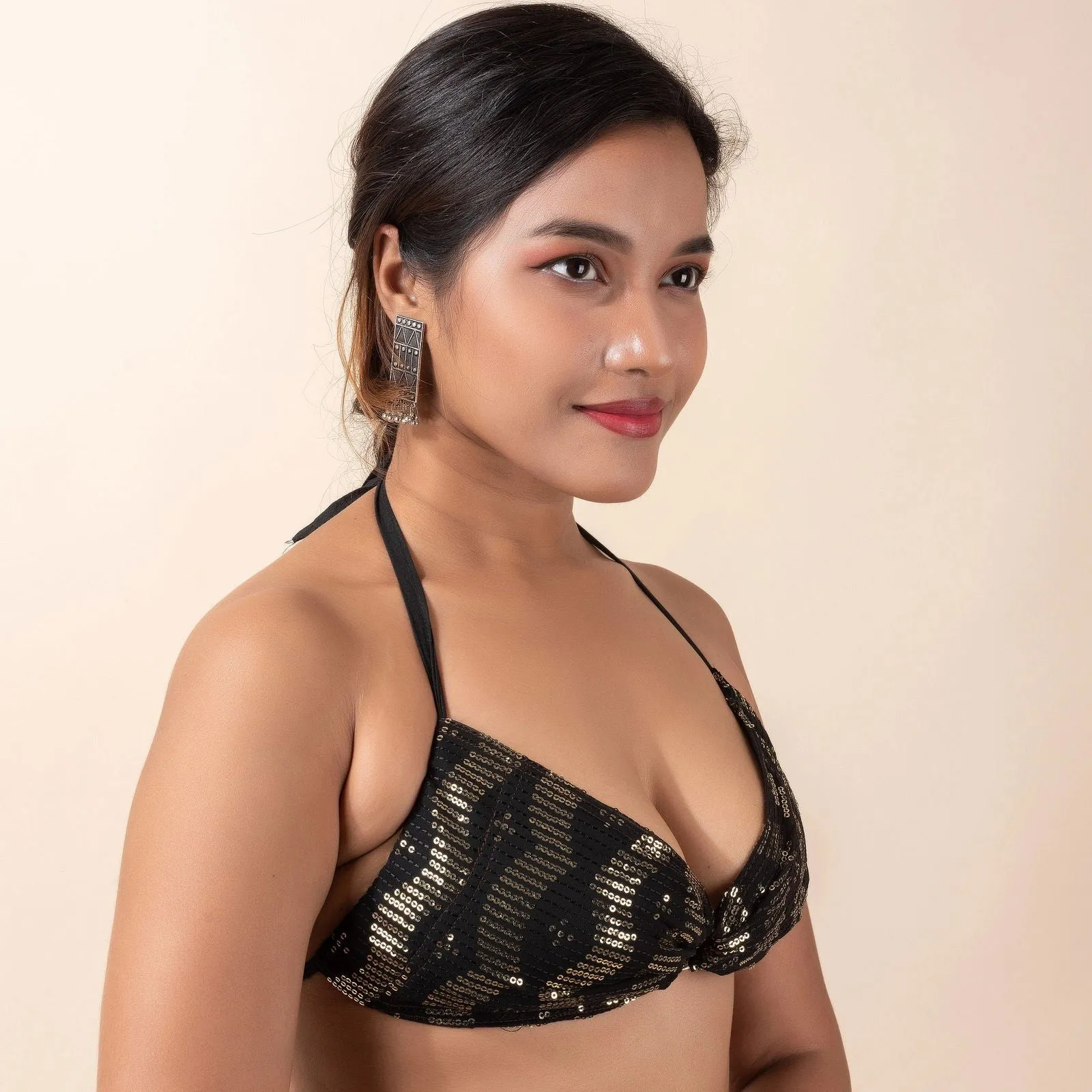 Designer Fabric Sequence Design Backless Halter Neck Bikini Blouse  - Non-Padded