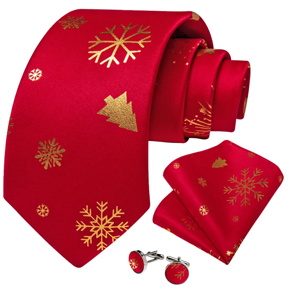 DiBanGu Christmas Silk Red Gold Snow Men's Tie Pocket Square Cufflinks Set