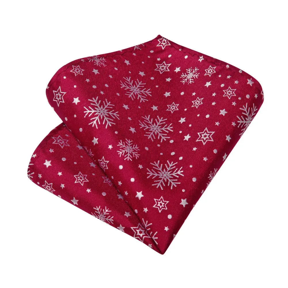 DiBanGu Christmas Silk Red White Snow Men's Tie Pocket Square Cufflinks Set