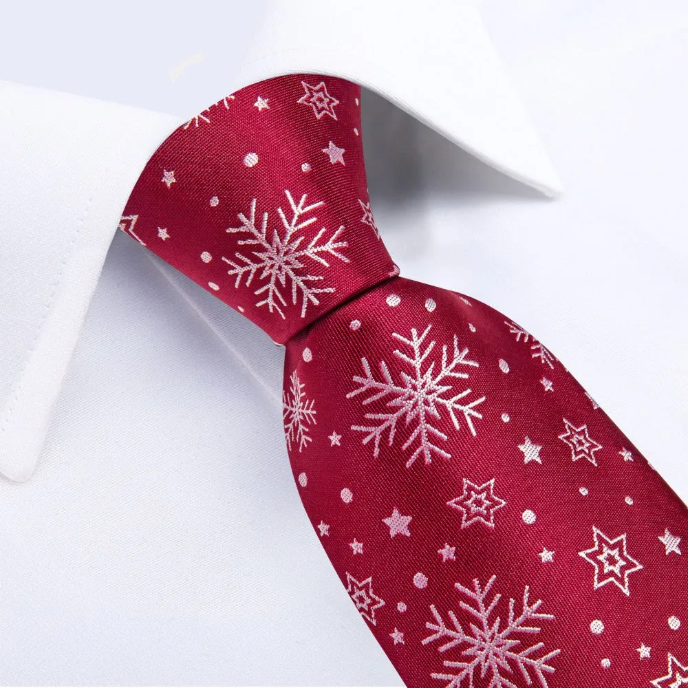 DiBanGu Christmas Silk Red White Snow Men's Tie Pocket Square Cufflinks Set