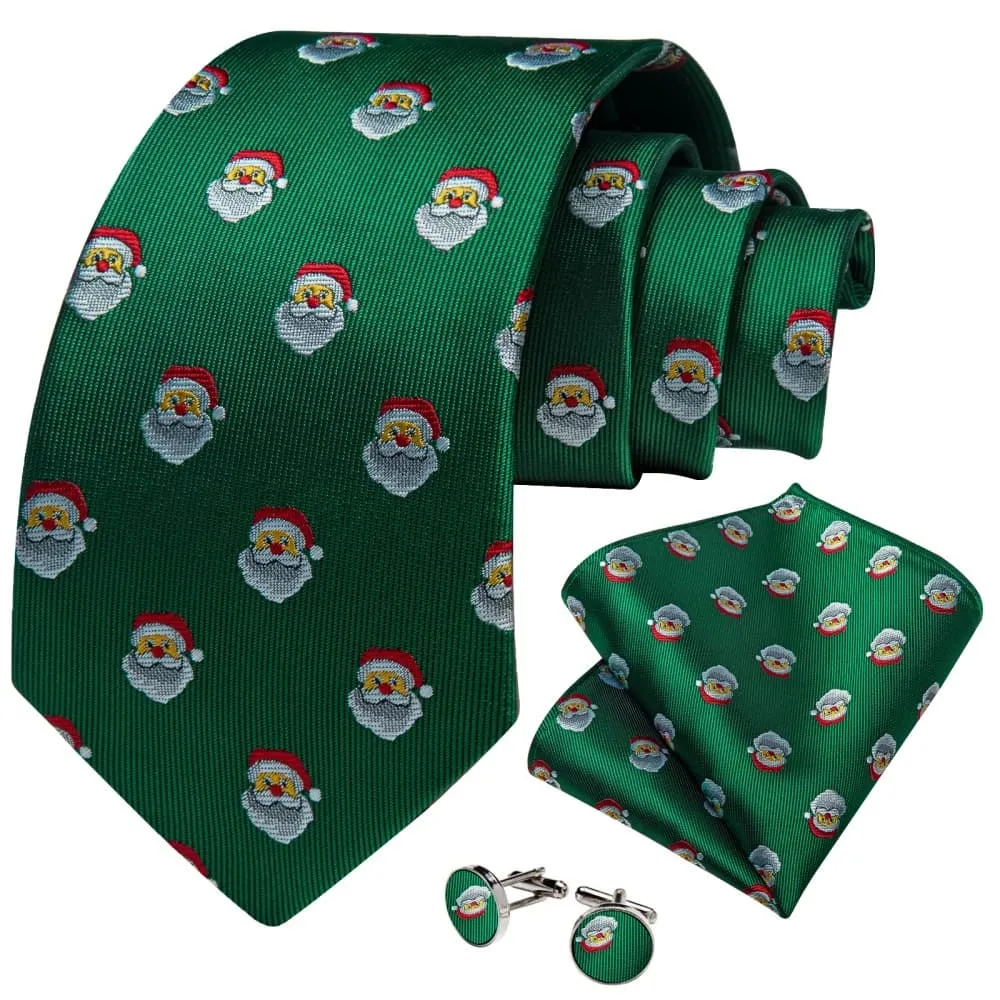 DiBanGu Green Christmas Santa Claus Necktie Pocket Square Cufflinks Set
