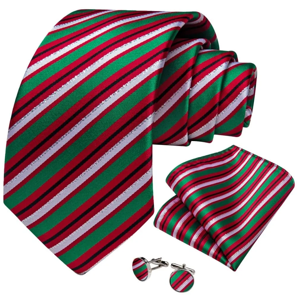 DiBanGu Red Green White Striped Christmas Necktie Pocket Square Cufflinks Set