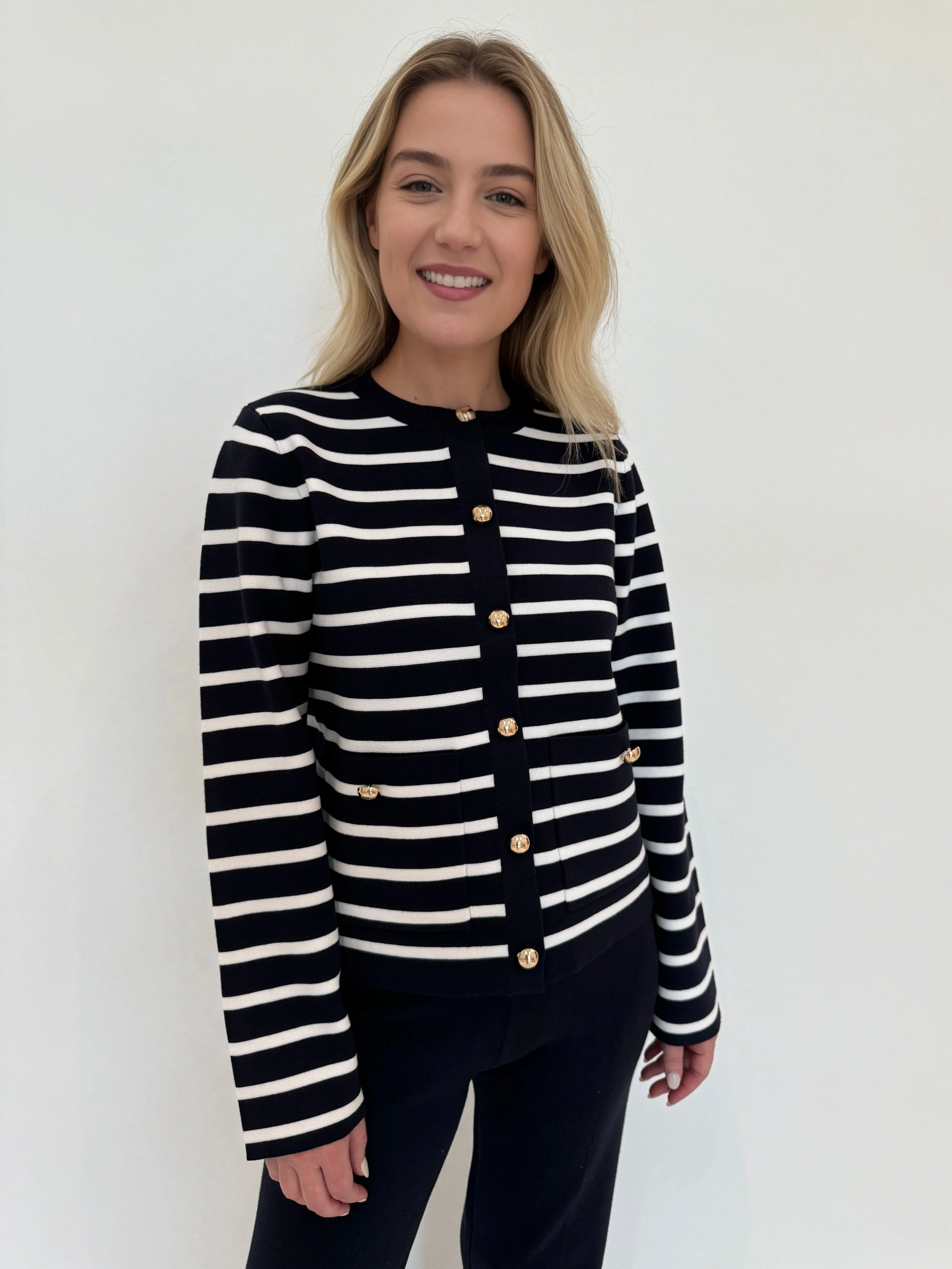 Dina Striped Sweater Cardigan - Navy