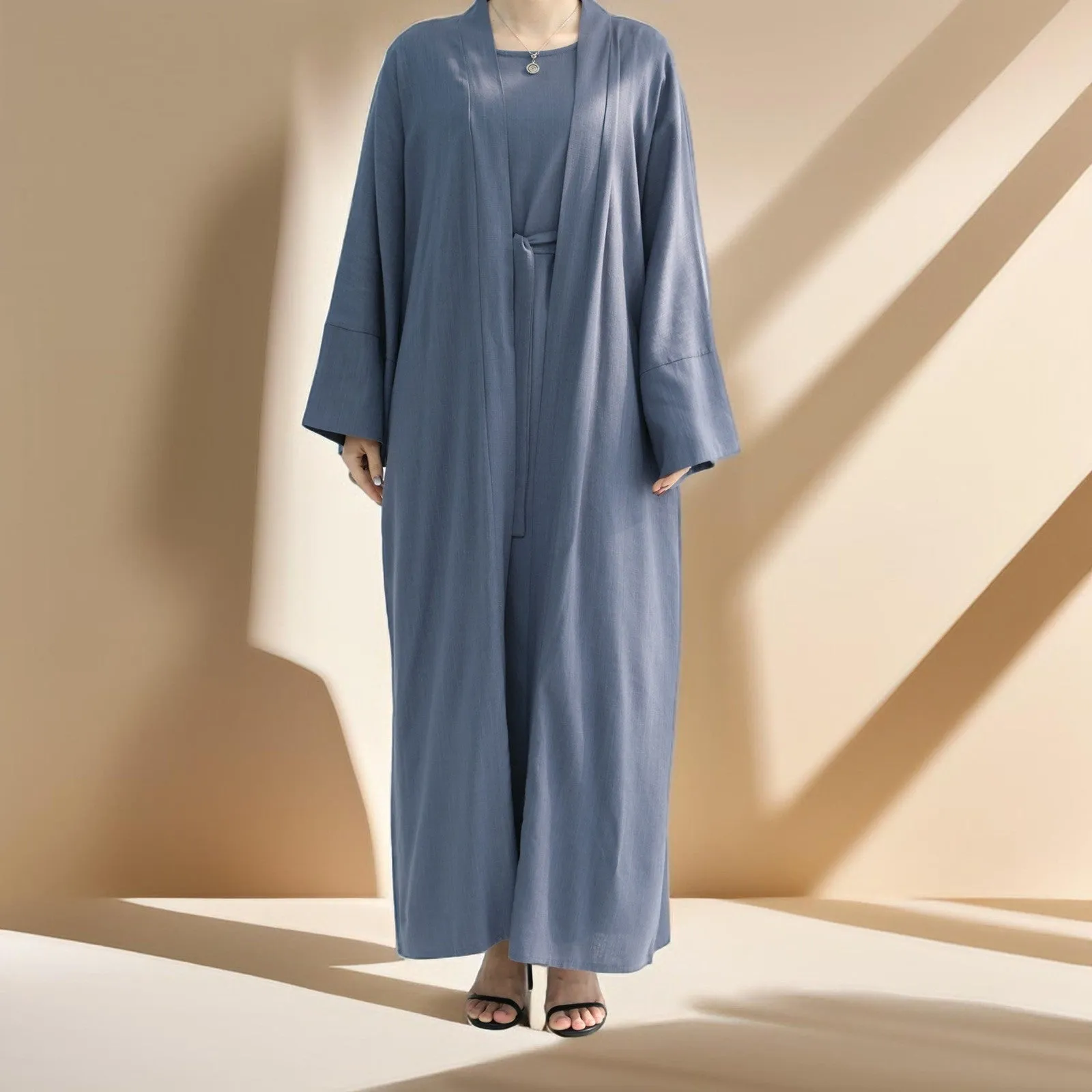 Draped Duet: Linen abaya throwover and slip dress