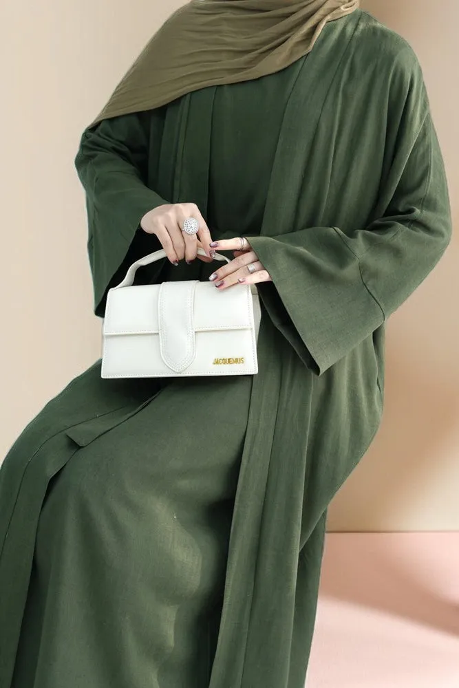 Draped Duet: Linen abaya throwover and slip dress