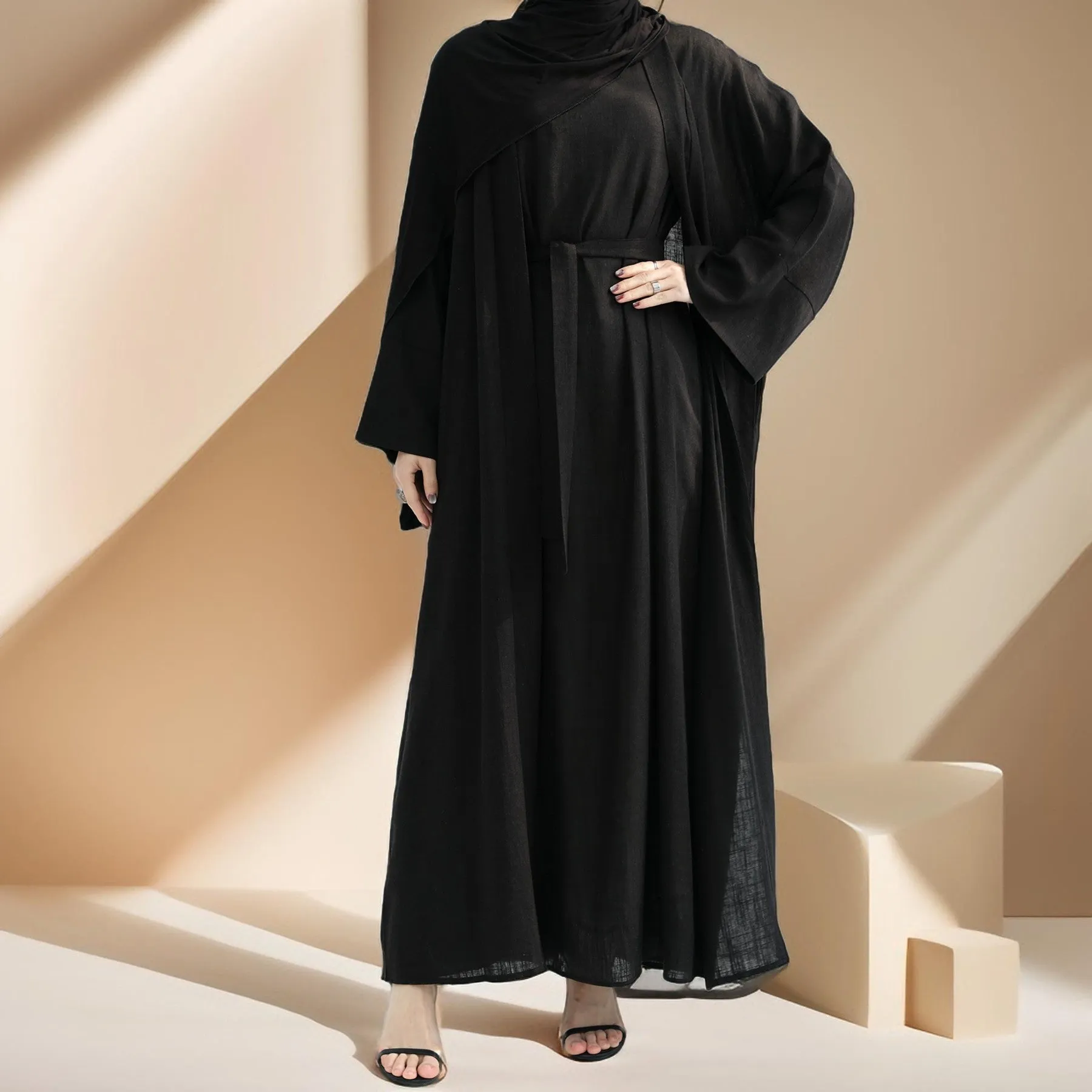Draped Duet: Linen abaya throwover and slip dress