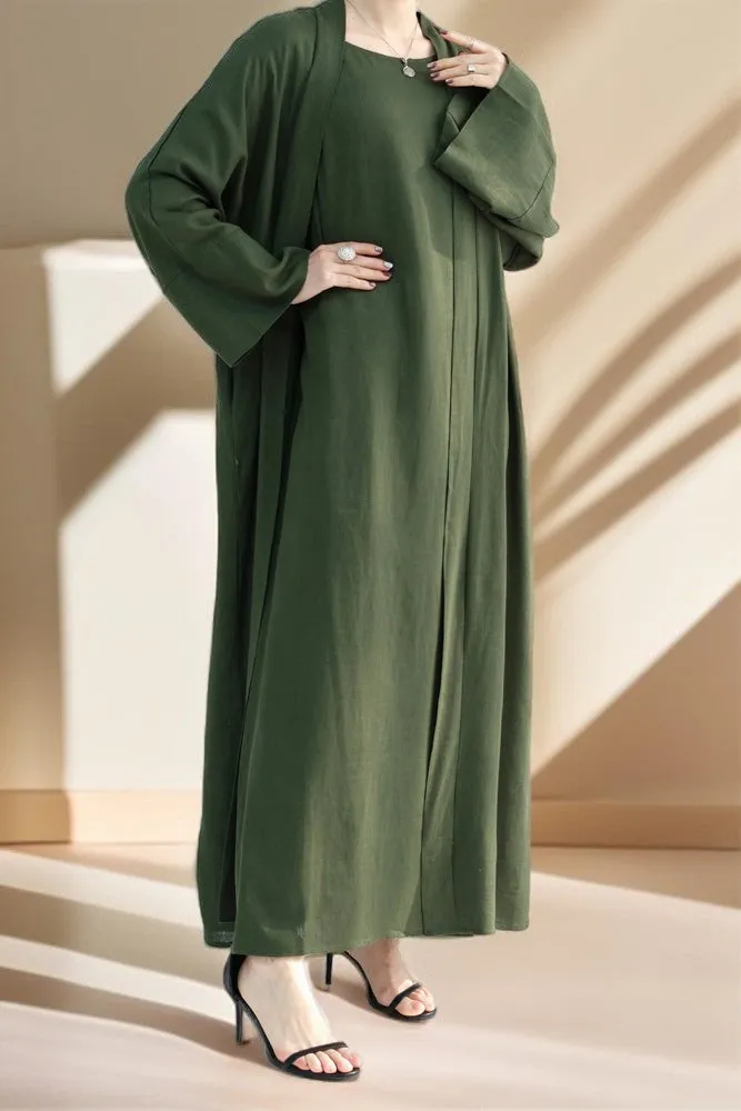Draped Duet: Linen abaya throwover and slip dress