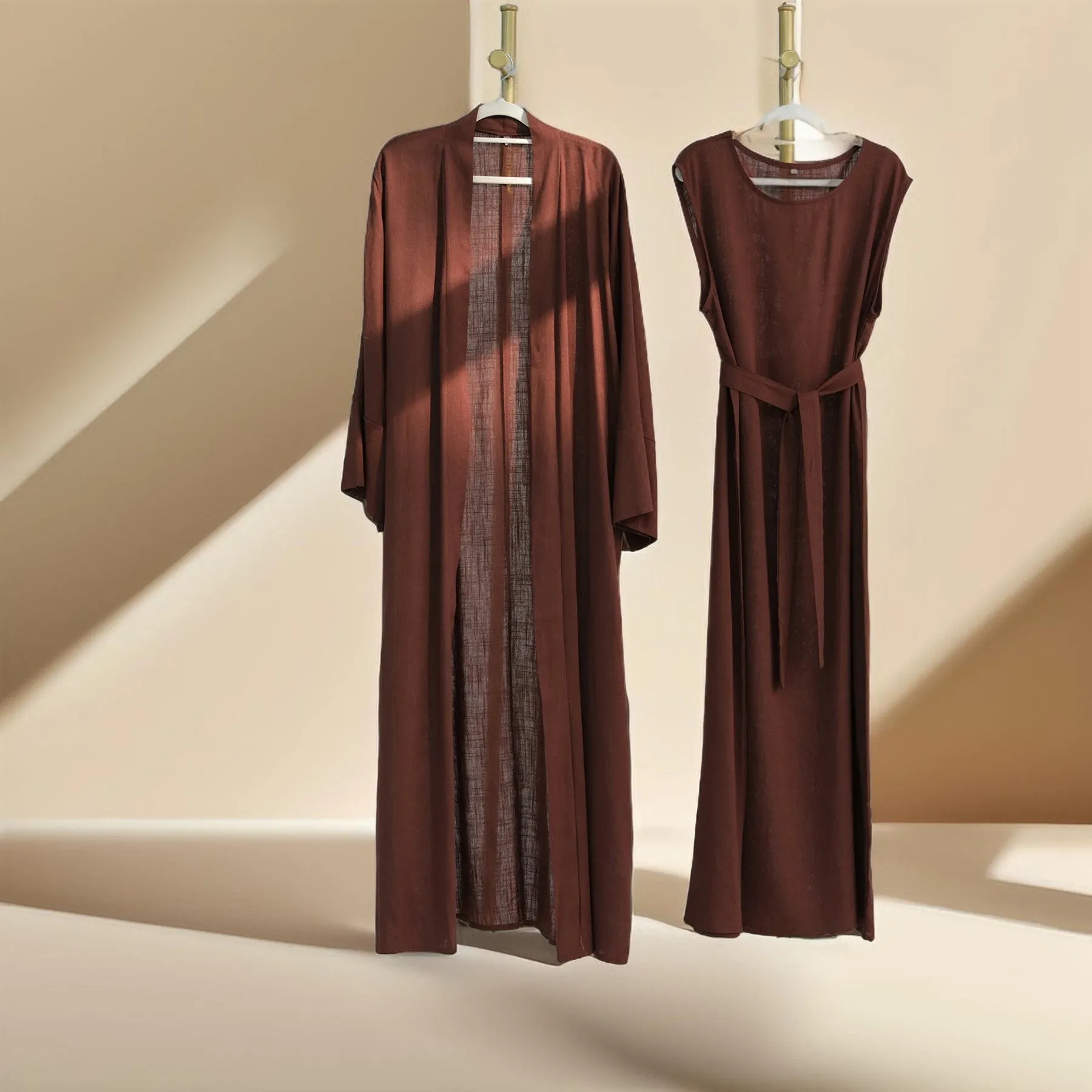 Draped Duet: Linen abaya throwover and slip dress