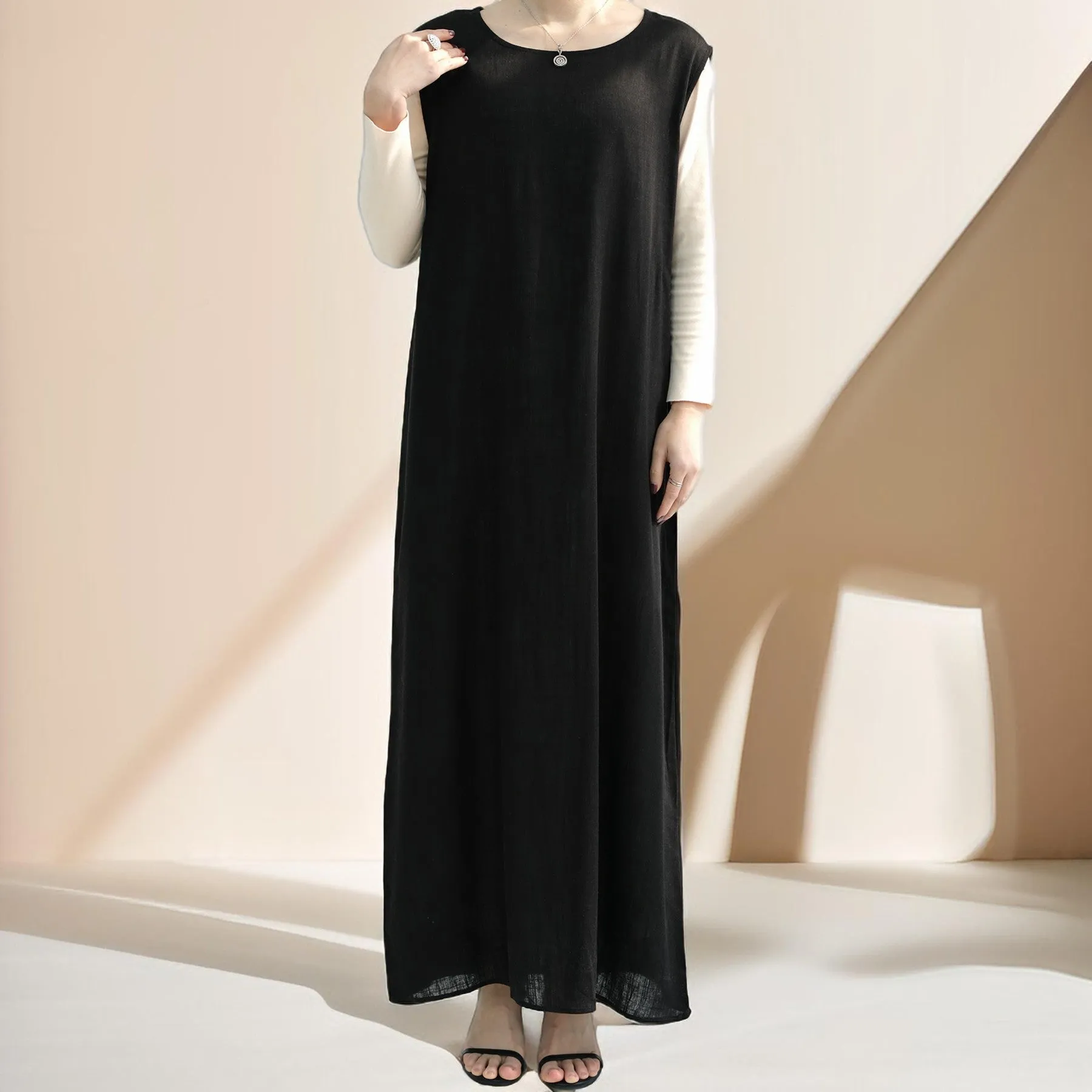 Draped Duet: Linen abaya throwover and slip dress