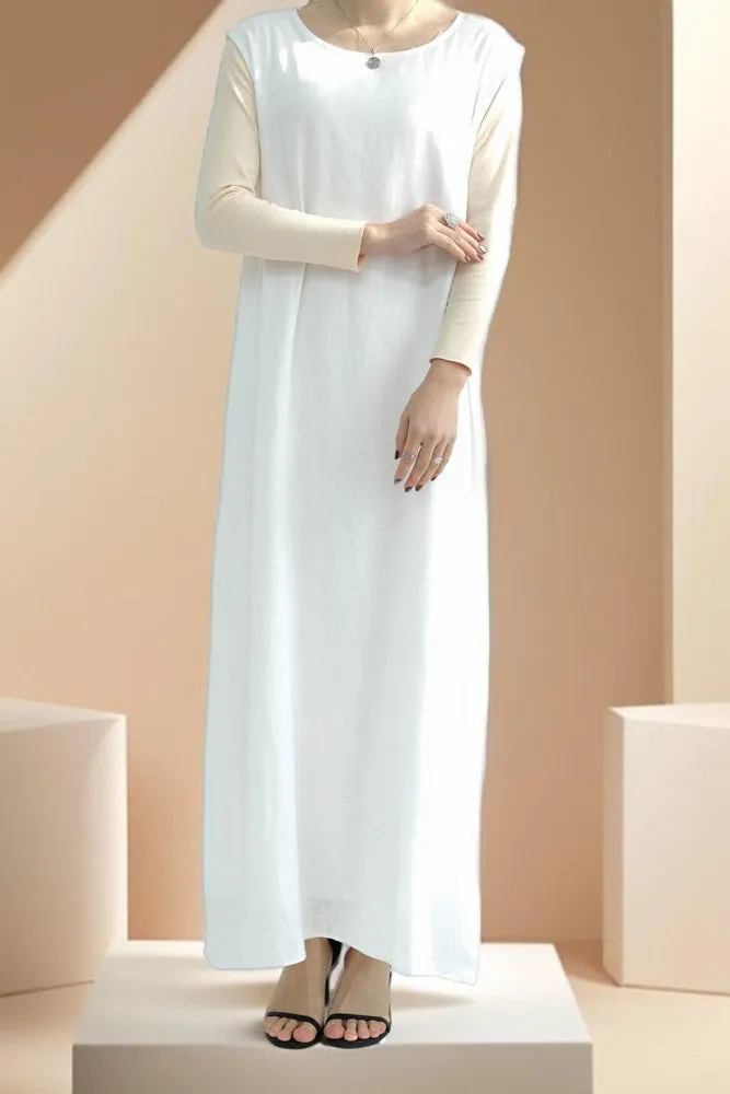 Draped Duet: Linen abaya throwover and slip dress