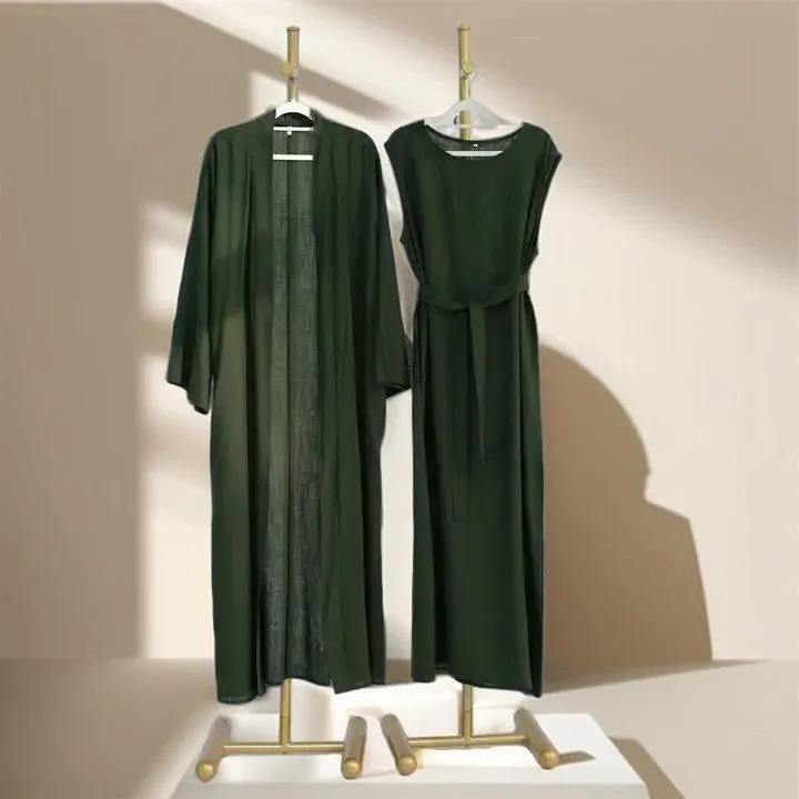 Draped Duet: Linen abaya throwover and slip dress
