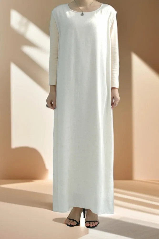 Draped Duet: Linen abaya throwover and slip dress