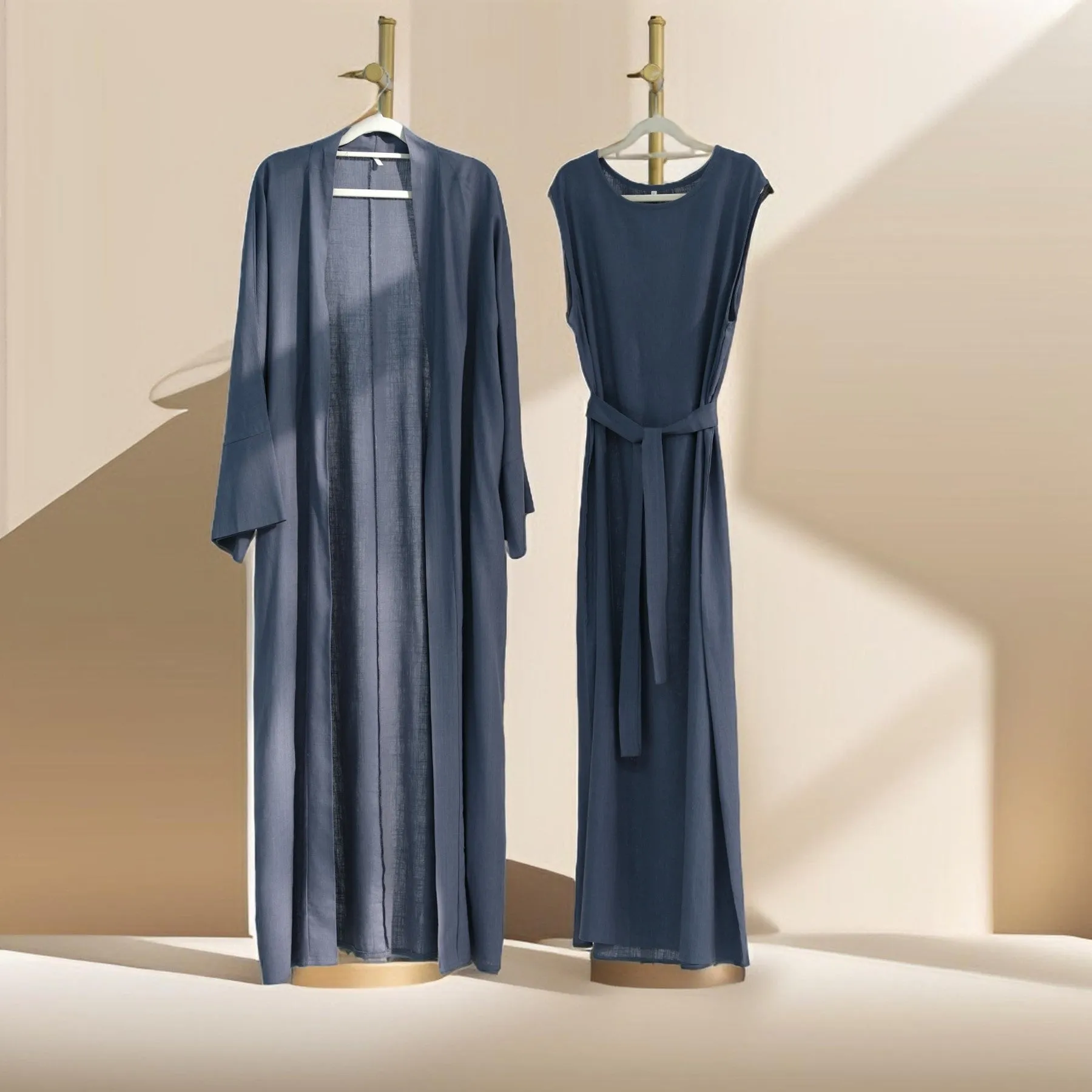 Draped Duet: Linen abaya throwover and slip dress