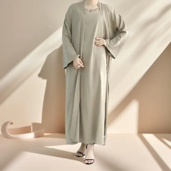 Draped Duet: Linen abaya throwover and slip dress