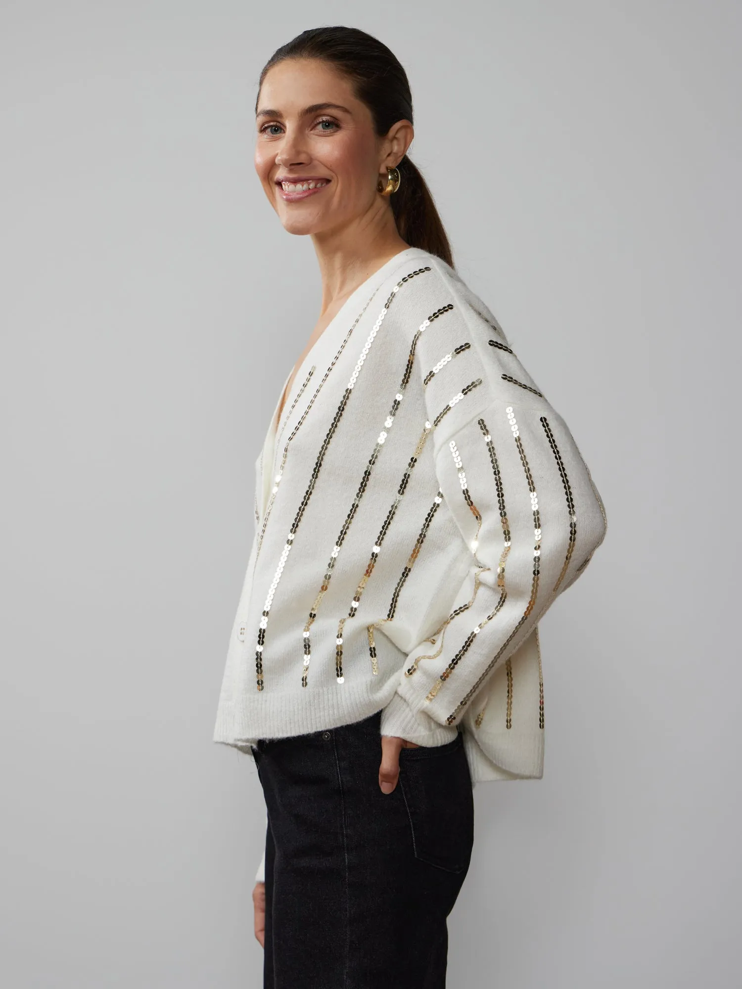 Drop Shoulder Sequin Stripe Cardigan