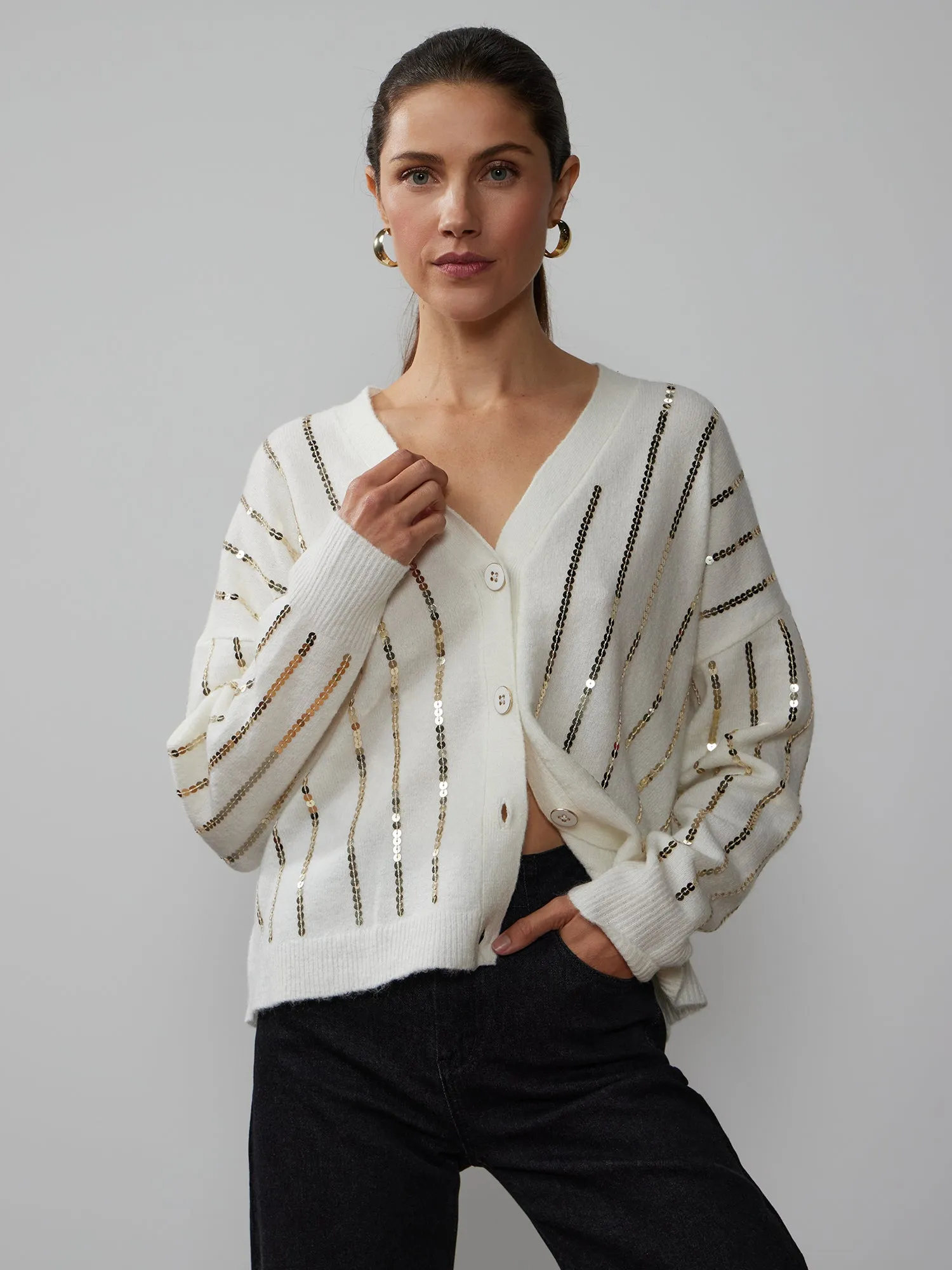 Drop Shoulder Sequin Stripe Cardigan
