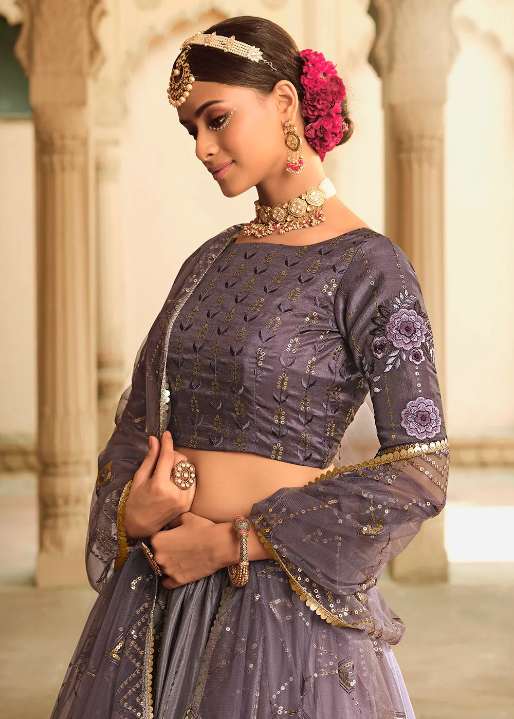 Dusty Purple Multi Color Sequins Festive Lehenga Choli