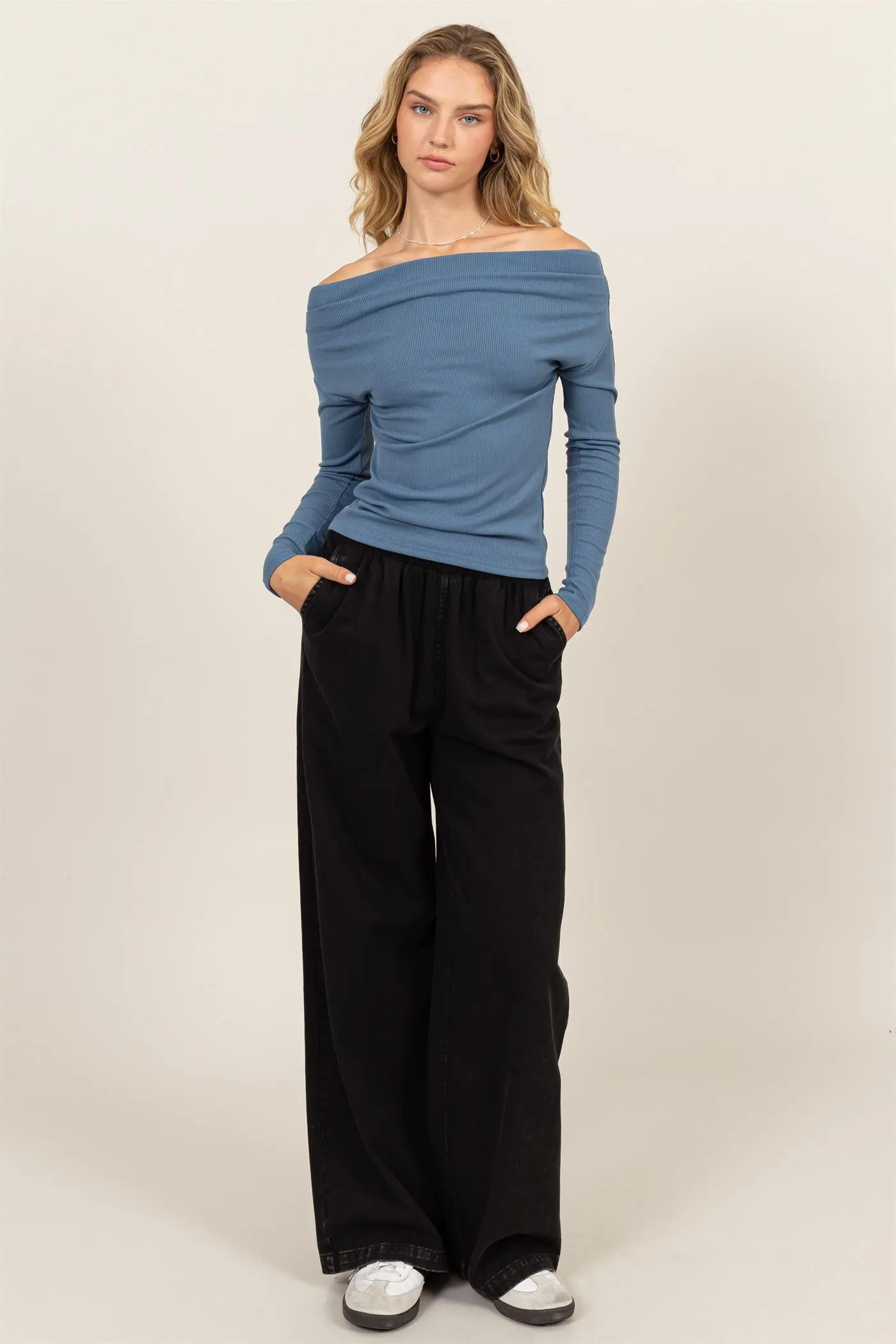 DZ24F361-OFF-THE-SHOULDER RIBBED KNIT TOP