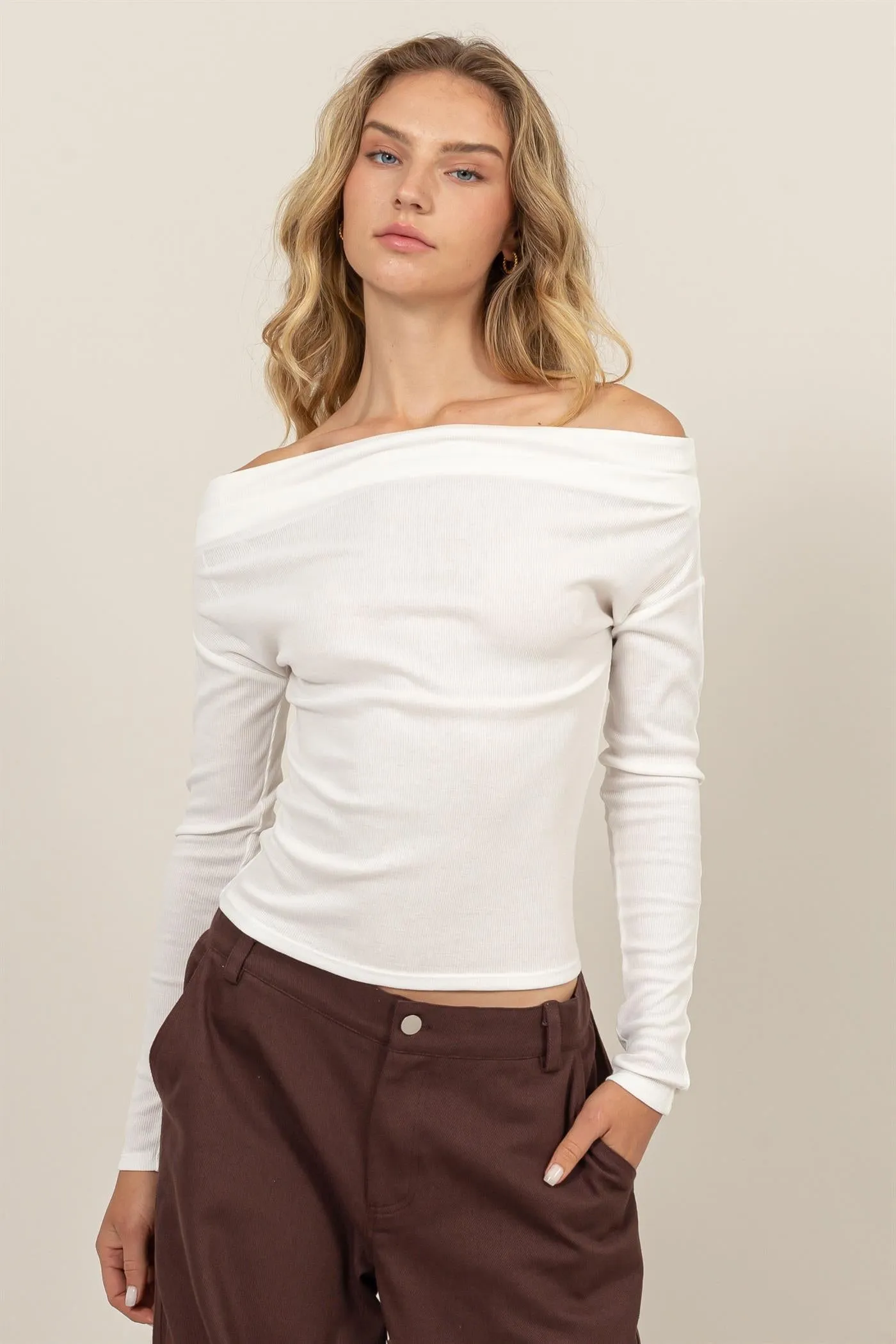 DZ24F361-OFF-THE-SHOULDER RIBBED KNIT TOP