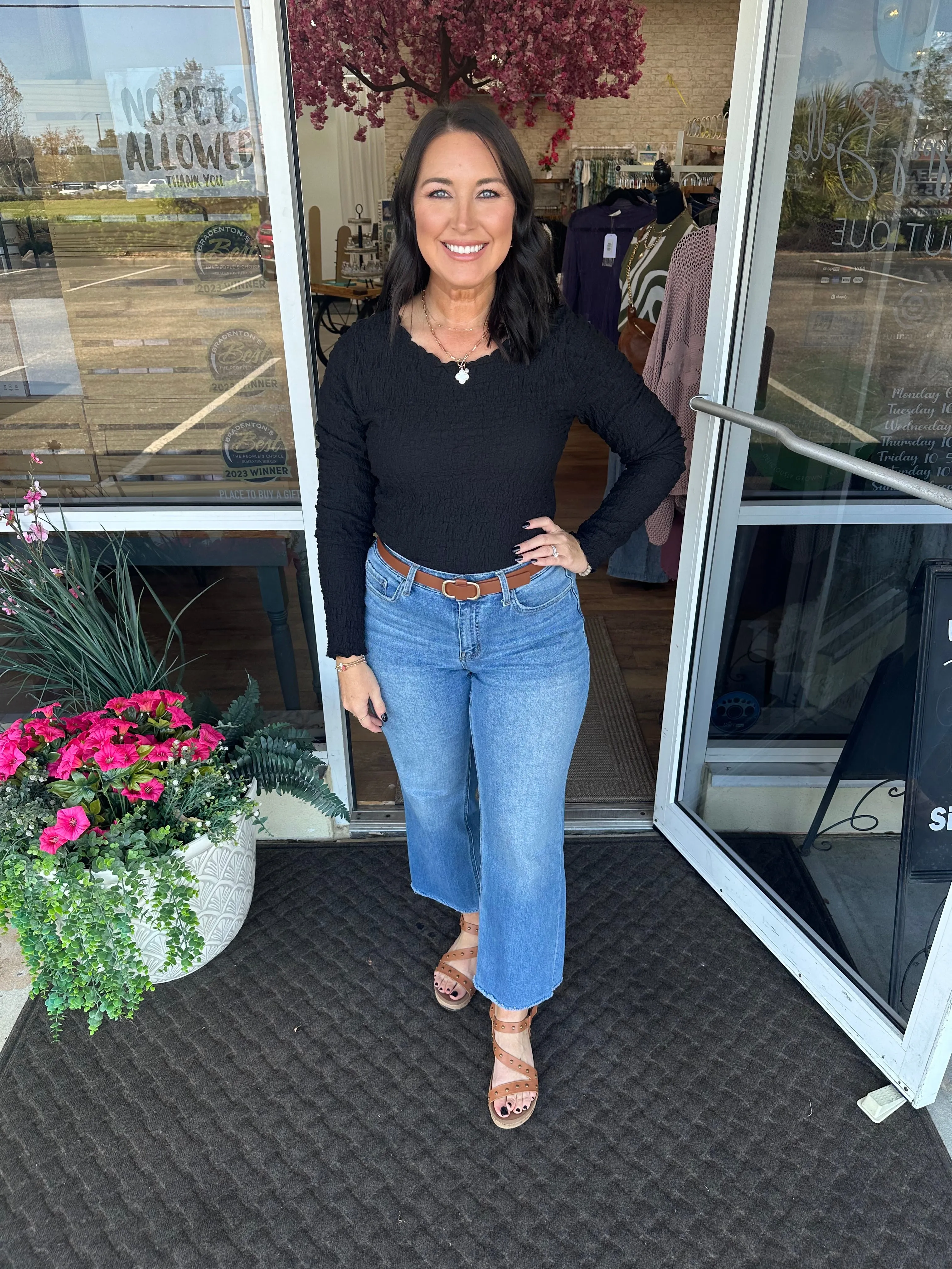 Easel - Black Long Slv Popcorn Knit Fitted Top