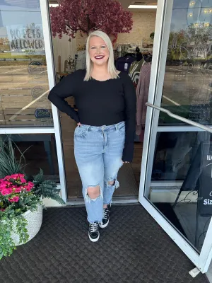 Easel - Black Long Slv Popcorn Knit Fitted Top
