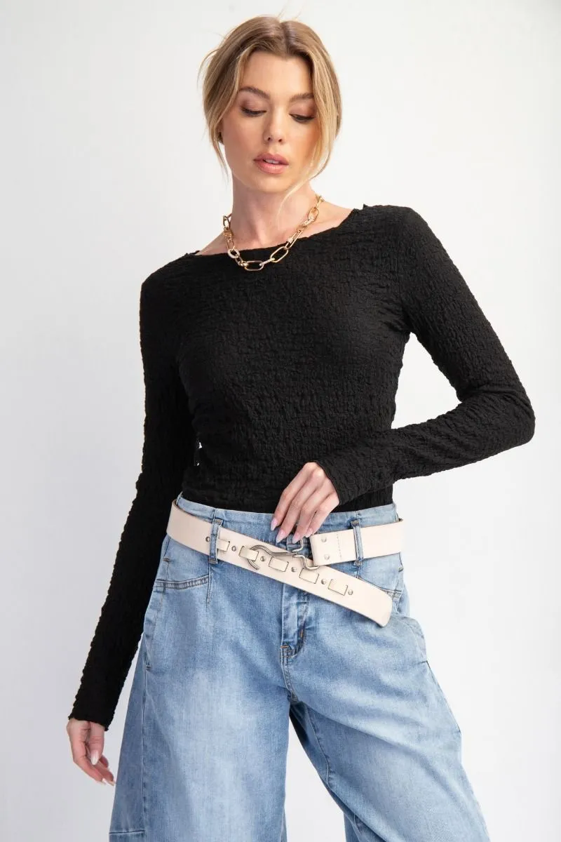Easel - Black Long Slv Popcorn Knit Fitted Top