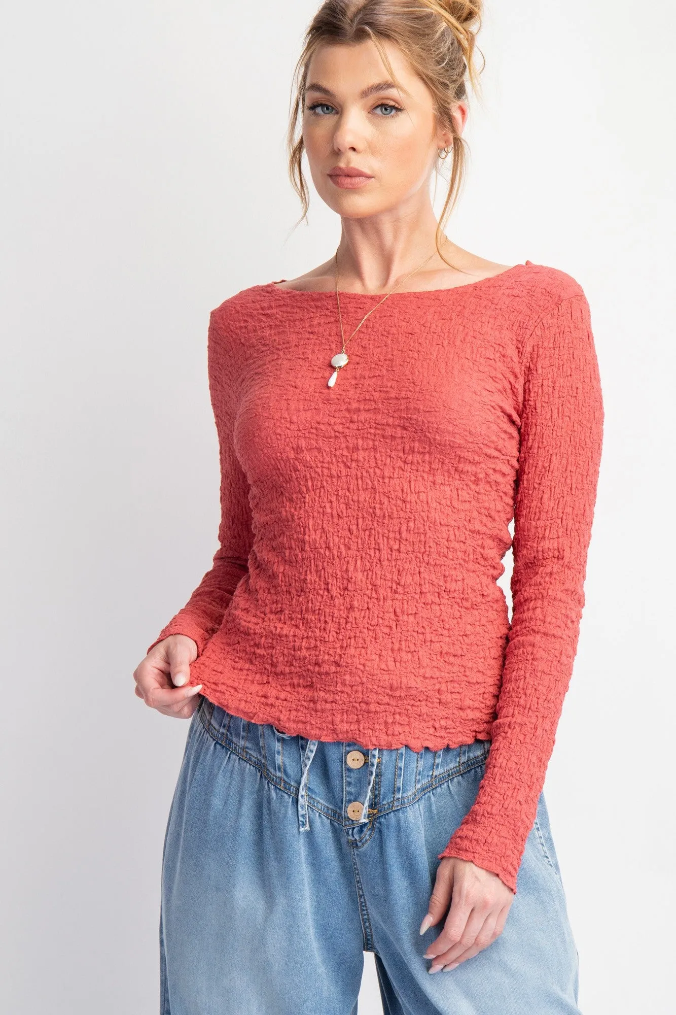 Easel - Deep Rose Long Slv Popcorn Knit Fitted Top